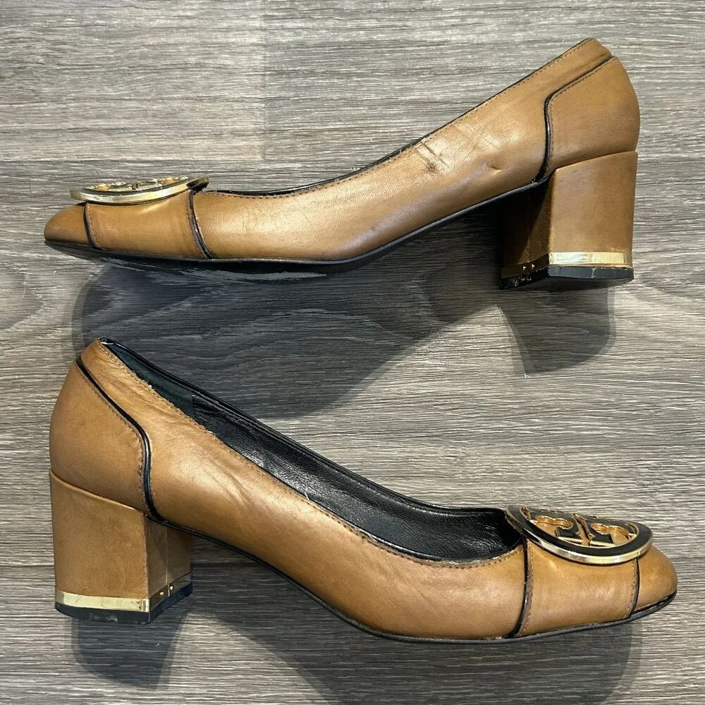 Tory Burch Size 9.5 Maddie Tan Leather Pumps Heels Block Heel Loafer Preppy